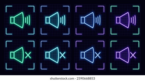Sound on off symbol set, cyber neon visual, glowing border grid vector.	