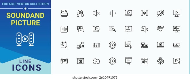 Sound and Picture simple icon. Includes thin line symbols cinema, audio, media, music, speaker, movie and more. Audio And Video icon pack. Minimal icons pack. Editable stroke vector art.