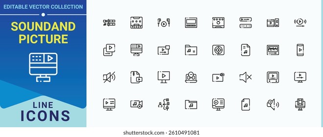 Sound and Picture simple icon. Includes thin line symbols cinema, audio, media, music, speaker, movie and more. Audio And Video icon pack. Minimal icons pack. Editable stroke vector art.
