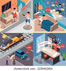 Sound pollution 2x2 design concept set of people suffering over urban noises isometric vector illustration