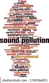 Concepto de nube de contaminación sonora. Collage hecho de palabras sobre la contaminación sonora. Ilustración del vector 