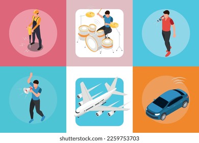 Contaminación sonora conjunto isométrico de seis composiciones cuadradas con personas de transporte con músicos de la calle megafonos ilustración vectorial