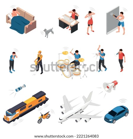 Sound pollution isometric set of stressed people covered ears with hands in different situations isolated vector illustration