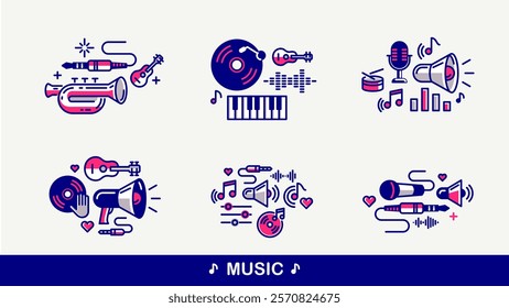 Sound producing and audio engineering vector detailed icons set, music mix and recording studio bundle, equipment and instruments.