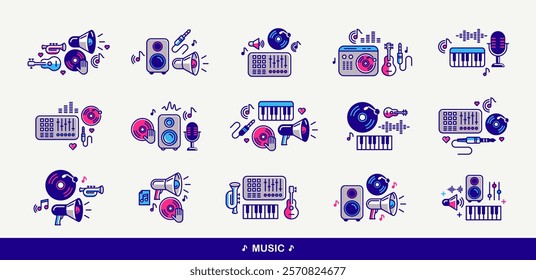 Sound producing and audio engineering vector detailed icons set, music mix and recording studio bundle, equipment and instruments.