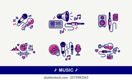 Sound producing and audio engineering vector detailed icons set, music mix and recording studio bundle, equipment and instruments.