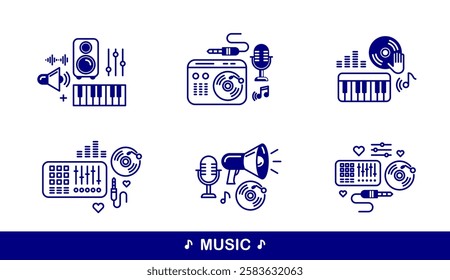 Sound producing and audio engineering vector detailed icons set, music mix and recording studio bundle, equipment and instruments.