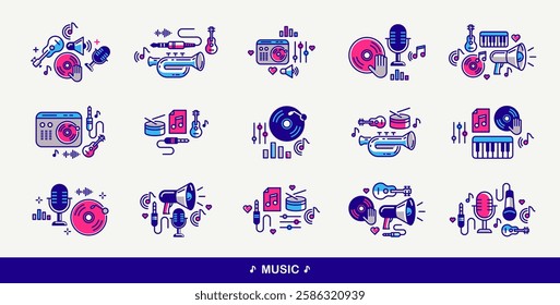 Sound producing and audio engineering vector detailed icons set, music mix and recording studio bundle, equipment and instruments.