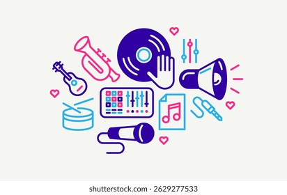 Sound producing and audio engineering vector detailed icon, music mixing and playing instruments.
