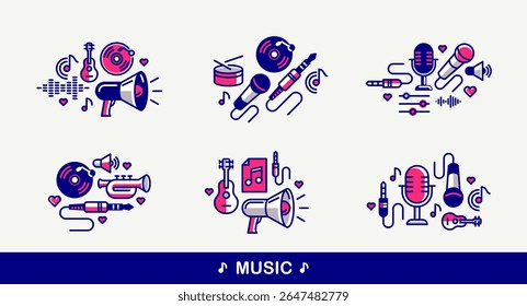 Sound producing and audio engineering vector detailed icons set, music mix and recording studio bundle, equipment and instruments.