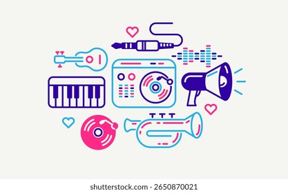Produção de som e engenharia de áudio vetor detalhado ícone, música mixagem e tocar instrumentos.