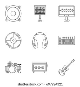 Sound producing icon set. Outline style set of 9 sound producing vector icons for web isolated on white background