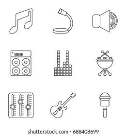 Sound producing icons set. Outline set of 9 sound producing vector icons for web isolated on white background