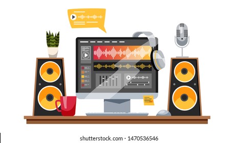 Sound Production Concept. Music Industry, Sound Recording Studio Equipment. Computer For Mixing And Control. Vector Illustration In Cartoon Style