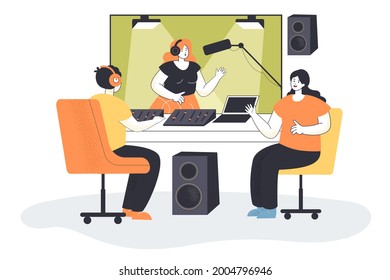 Sound production in studio flat vector illustration. Woman with earphones singing into mic in vocal acoustic booth, while sound technicians sitting in chairs. Technology, vocal, recording concept
