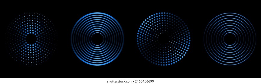  Sound pulsation circles set. Vector illustration of radio waves isolated on black background.
