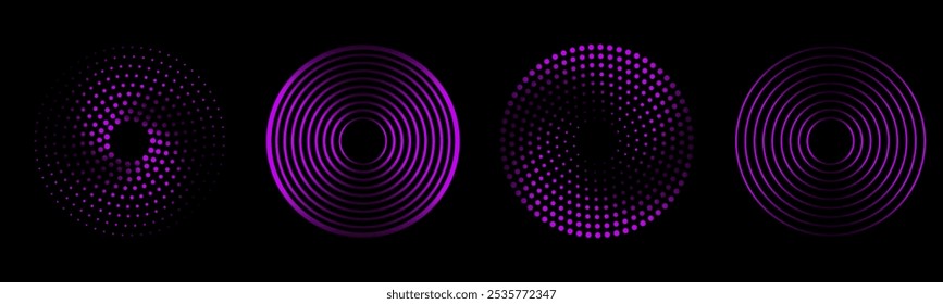 Círculos de pulsação sonora definidos. Ilustração vetorial de ondas de rádio roxas isoladas no plano de fundo preto.
