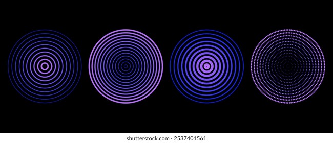 Círculos de pulsação sonora definidos. Ilustração vetorial de ondas de rádio isoladas no plano de fundo preto.