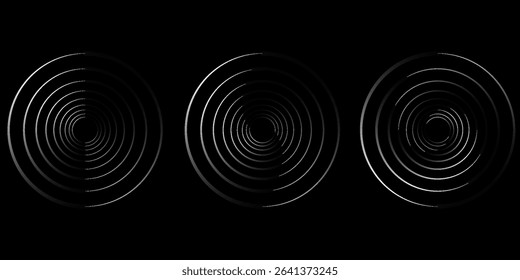 Sound pulsation circles set. Vector illustration of purple radio waves isolated on black background.
