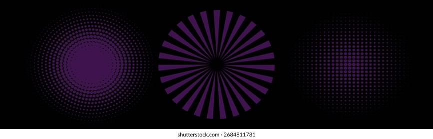 Schallpulsationskreise eingestellt. Vektorgrafik violetter Radiowellen einzeln auf schwarzem Hintergrund.
