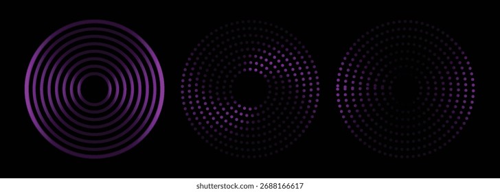 Schallpulsationskreise eingestellt. Vektorgrafik violetter Radiowellen einzeln auf schwarzem Hintergrund.
