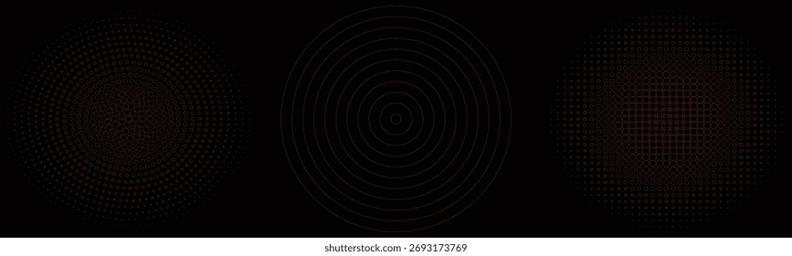 Círculos de pulsação sonora definidos. Ilustração vetorial de ondas de rádio roxas isoladas no plano de fundo preto.
