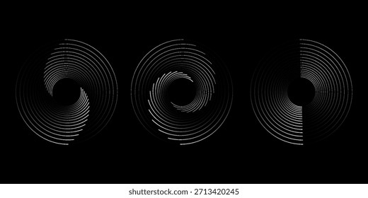 Círculos de pulsación de sonido establecidos. Ilustración vectorial de ondas de radio púrpuras aisladas sobre fondo negro.