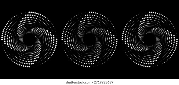 Círculos de pulsación de sonido establecidos. Ilustración vectorial de ondas de radio púrpuras aisladas sobre fondo negro.	
