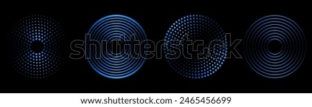  Sound pulsation circles set. Vector illustration of radio waves isolated on black background.
