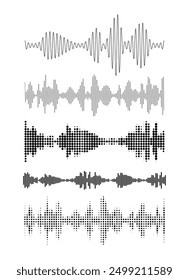 Sound pulsing lines and waves vector set. Audio impulse signal. Music sound equalizer. Radio frequency sign. Volume chart from lines, pixels, dots. Sonic spectrum pattern. Digital voice visualization