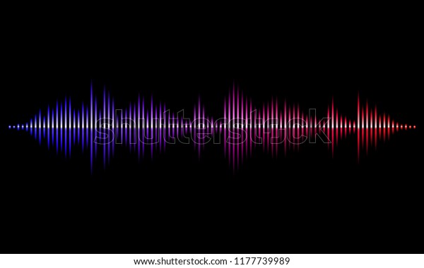 Sound radio wave background of soundtrack or\
sound diagram. Vector neon light graph of microphone sound\
equalizer pattern on black\
background