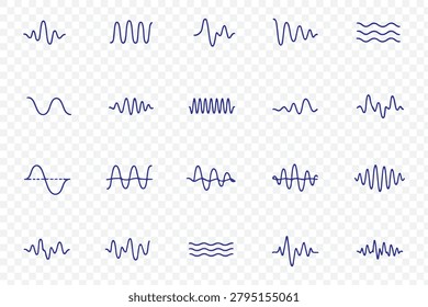 Sound and radio waves flat line icons set. Monochrome simple sound wave on white background. Outline Sound Wave and Audio Signal Frequency Icons Large Set for Music Recording Technology Web UI Design Elements. Editable Strokes. 