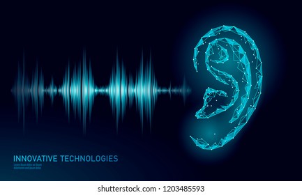 Sound recognition voice assistant low poly. Wireframe mesh polygonal 3D ear sound radio wave innovative technology waveform. Audio equalizer digital computer concept vector illustration