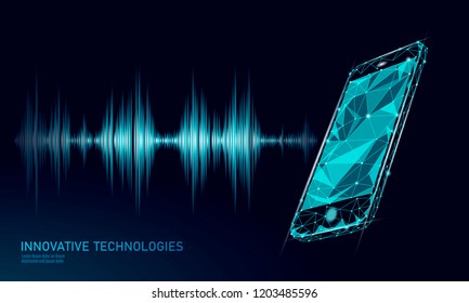 Sound recognition voice assistant low poly smartphone. Wireframe mesh polygonal 3D sound innovative technology waveform. Audio equalizer digital computer concept vector illustration
