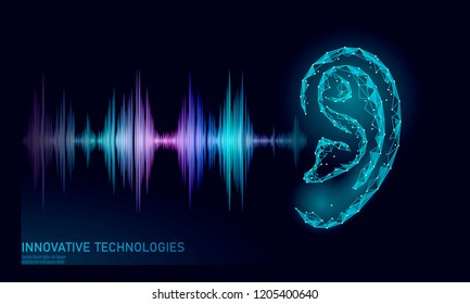 Sound recognition voice assistant low poly. Wireframe mesh polygonal 3D render ear sound radio wave innovative technology waveform. Audio equalizer digital computer concept vector illustration