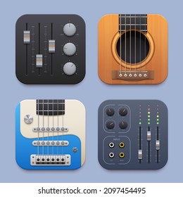 Sound record, music sound mixer, guitar app icon. Vector electric and acoustic string instruments, equalizers and tuners 3d elements. Buttons for player, ui graphic of mobile application or website