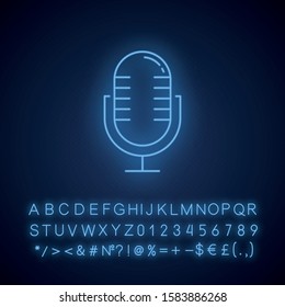 Sound recorder neon light icon. Professional music microphone idea. Musical record equipment. Portable studio audio mic. Glowing sign with alphabet, numbers and symbols. Vector isolated illustration