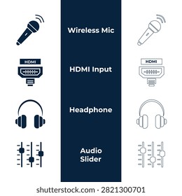 Sound recording and AV interface vector icon set featuring wireless microphone, HDMI input cable connector, studio headphone, and audio equalizer slider.