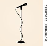 Sound recording equipment - black silhouette stage microphone, cable and stand - isolated standing on beige background, realistic style design, vector art image illustration, eps10