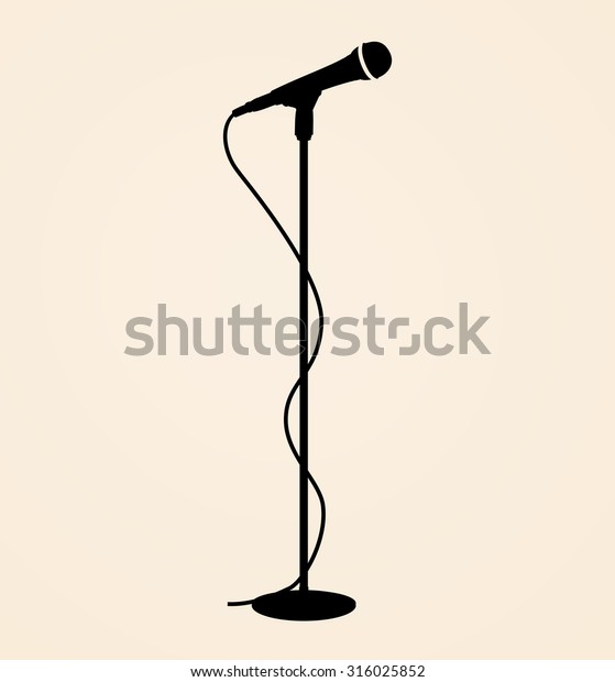 Sound\
recording equipment - black silhouette stage microphone, cable and\
stand - isolated standing on beige background, realistic style\
design, vector art image illustration,\
eps10