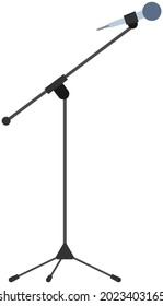 Sound recording equipment, black stage microphone and stand vector illustration. Device for amplifying sound volume on stand. Microphone for singing, speaking and loud voice reproduction on stage