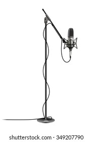 Sound Recording Equipment Concept, 3d Closeup Metallic Microphone In Broadcasting Station. Gray Studio Mike On Mic Stand, Realistic Design, Vector Art Image Illustration, Isolated On White Background