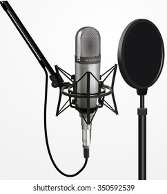 Sound Recording Equipment Concept - Professional Studio 3d Silver Microphone , Cable And Black Pop Filter On Mic Stand. Realistic Design, Vector Art Image Illustration Isolated On White Background