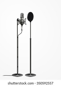 Sound recording equipment concept - Professional studio 3d silver microphone, cable and black pop filter on mic stand. realistic design, vector art image illustration isolated on white background