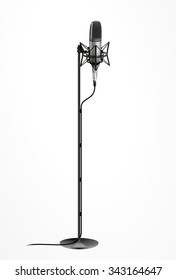 Sound recording equipment - vintage 3d silver metallic microphone with metal mesh, cable and stand isolated standing on white background, realistic style design, vector art image illustration, eps10