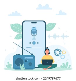 Sound recording with mobile app vector illustration. Cartoon tiny person using smart voice assistant software with microphone button on phone screen to record soundwaves, vocal and voice commands