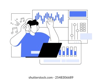 Tecnologia de gravação de som e música ilustrações isoladas de vetor de desenhos animados. Estudante sorridente mixando áudio em um estúdio usando laptop, software de edição de áudio, desenho animado vetorial de engenheiro de som.