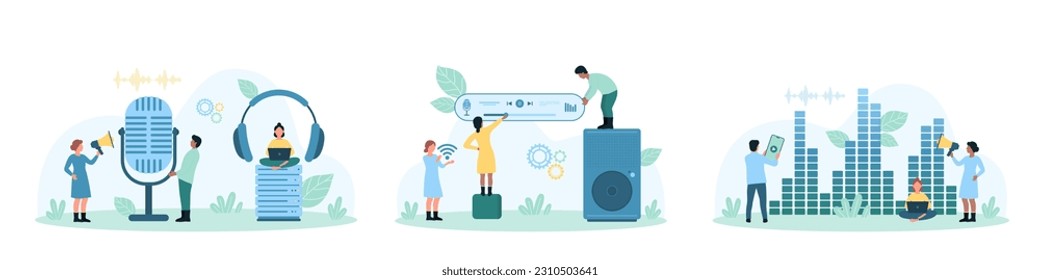 Sound recording set vector illustration. Cartoon tiny people record radio podcast with microphone, listen soundwaves of music with headphones, control smart equalizer panel and voice assistant