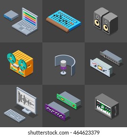 Sound Recording Studio Icons Set. 3D Isometric Low Poly Flat Design. Vector Illustration.