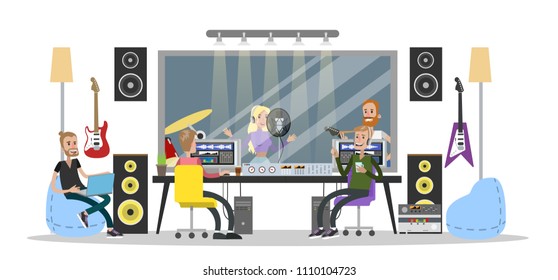 Sound recording studio interior rooms with people.